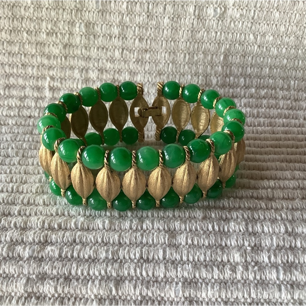Trifari vintage Cleopatra bracelet with faux jade beads.